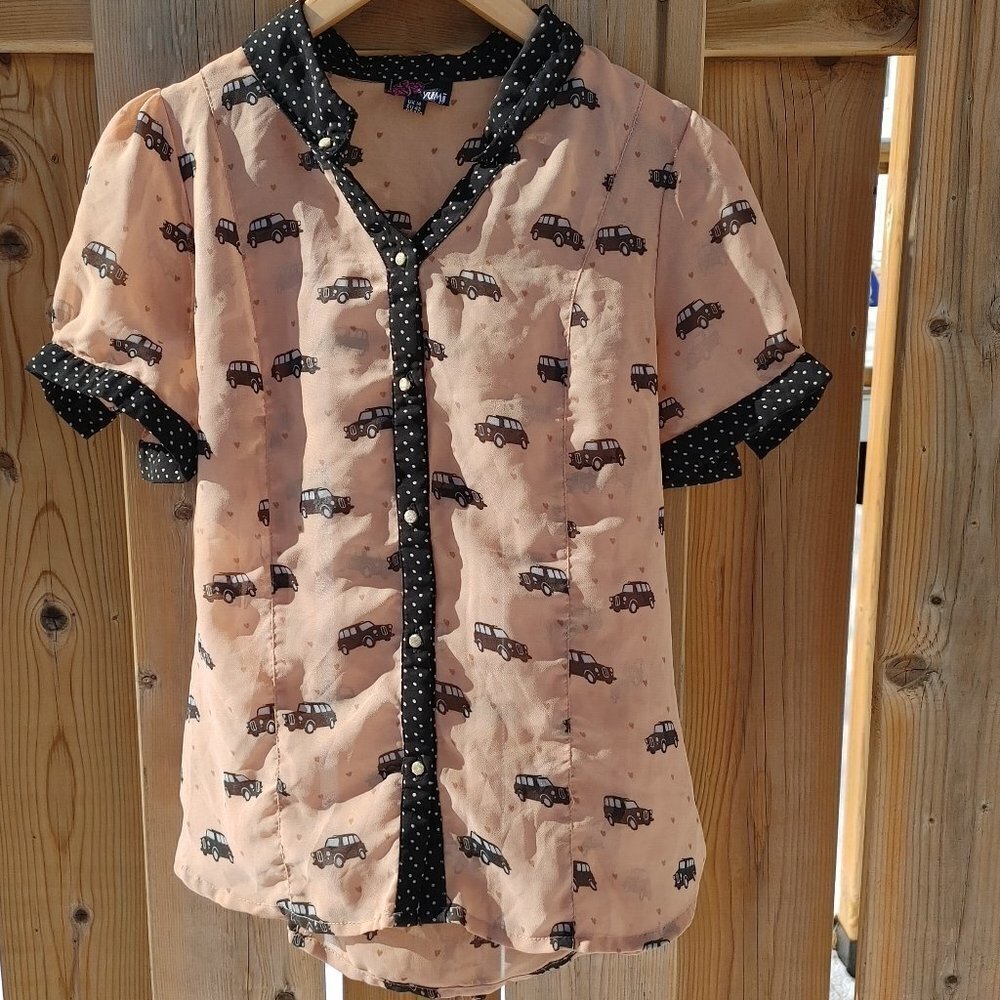 FUN MODCLOTH YUMI Vintage Police Car Hearts Blouse Polka Dot Size 8/10